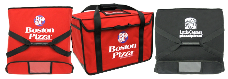 two pizza bags with custom logos and 1 red delivery bag with custom logo